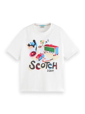 Camiseta Scotch & Soda Algodon In Conversion Day & Night Estampados Relaxed Fit Mujer Blancos | SN-SAS56744