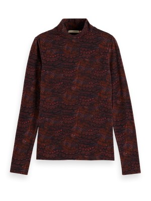 Camiseta Scotch & Soda All Over Printed Mockneck Long Sleeve Mujer Vino | SN-SAS56741