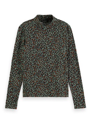 Camiseta Scotch & Soda All Over Printed Mockneck Long Sleeve Mujer Verdes | SN-SAS56742