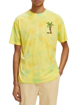 Camiseta Scotch & Soda Embroidered Artwork Tie-dye Hombre Amarillos | SN-SAS56454