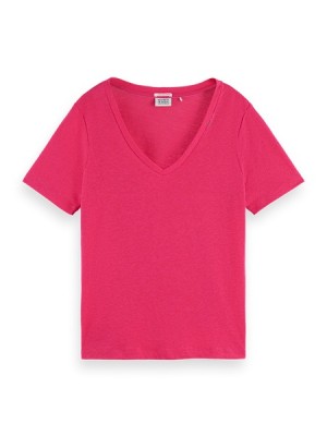 Camiseta Scotch & Soda Embroidered Detail V-neck Mujer Rosas | SN-SAS56749