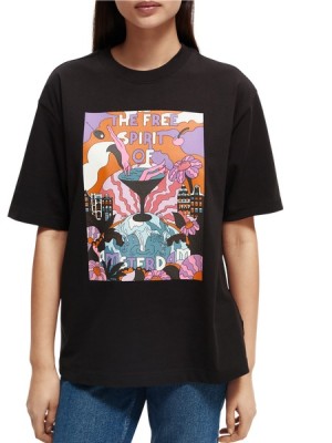 Camiseta Scotch & Soda Loose-fit Organic -sleeve Artwork Mujer Negros | SN-SAS56739