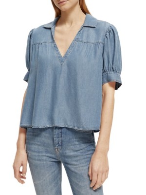 Tops Scotch & Soda -sleeved V-neck Mujer Azules | SN-SAS56763