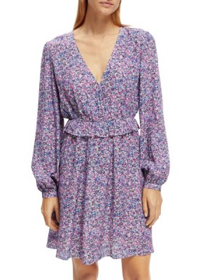 Vestido Scotch & Soda Long-sleeved Printed V-neck Mini Mujer Morados | SN-SAS56785